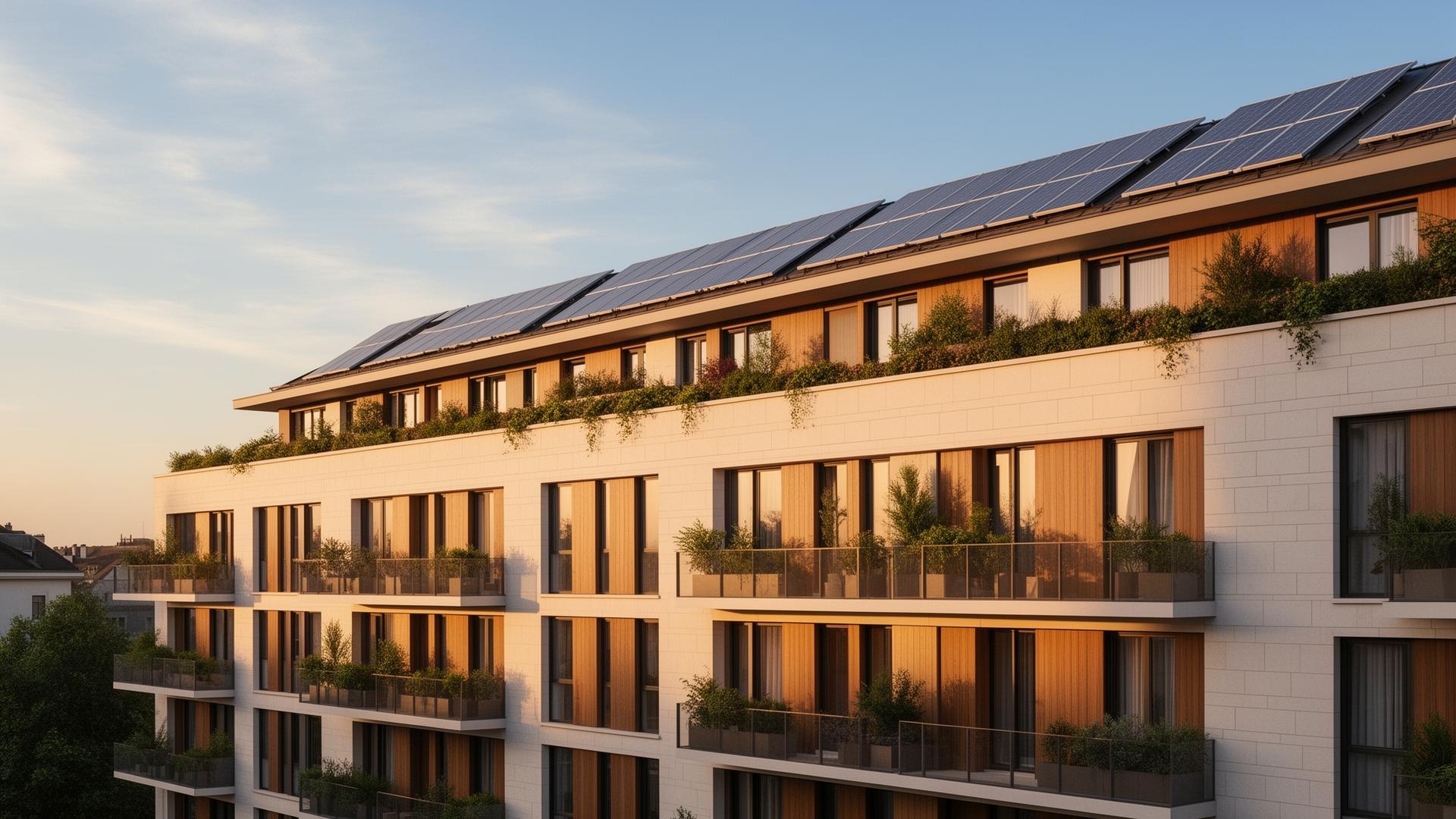 Apartment building at sunrise with solar panels on the roof