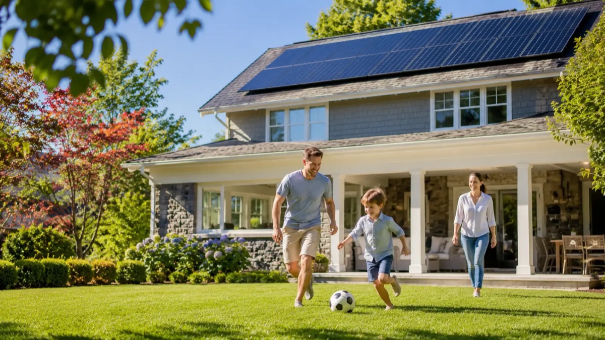 Family playing in front of a home with rooftop solar