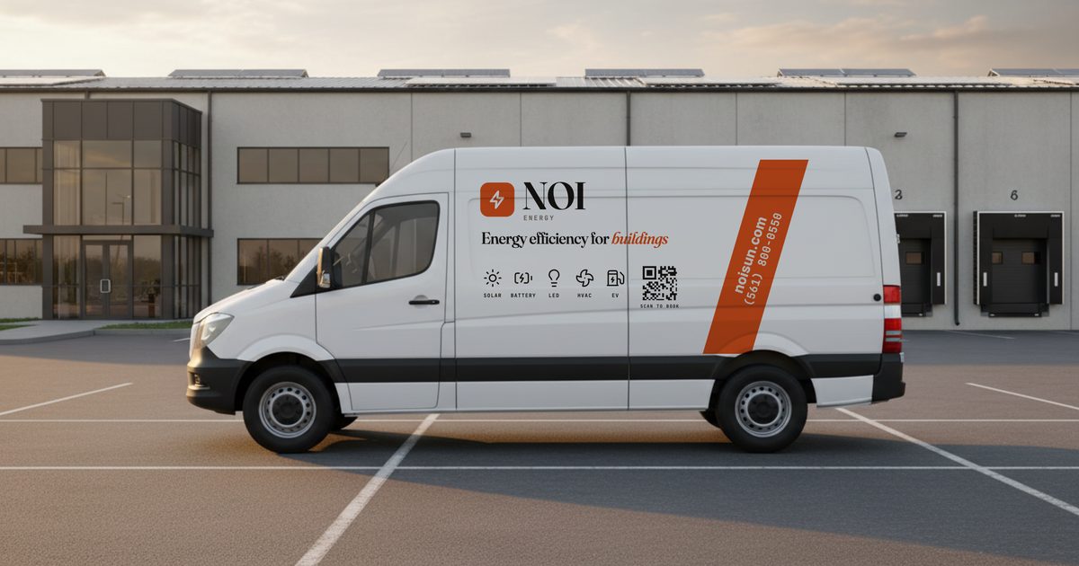NOI Energy van parked outside a commercial building